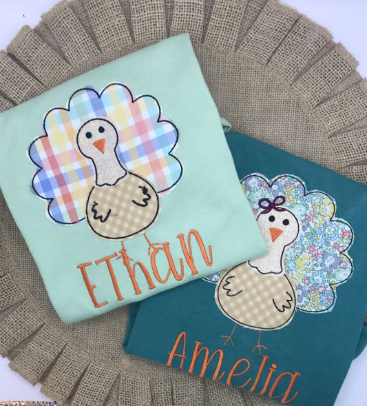 Boy Turkey Applique on Green