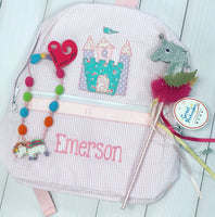 Pink Seersucker Medium Backpack - Castle Applique + Name