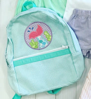 Mint Seersucker Medium Backpack - Mermaid Applique + Name