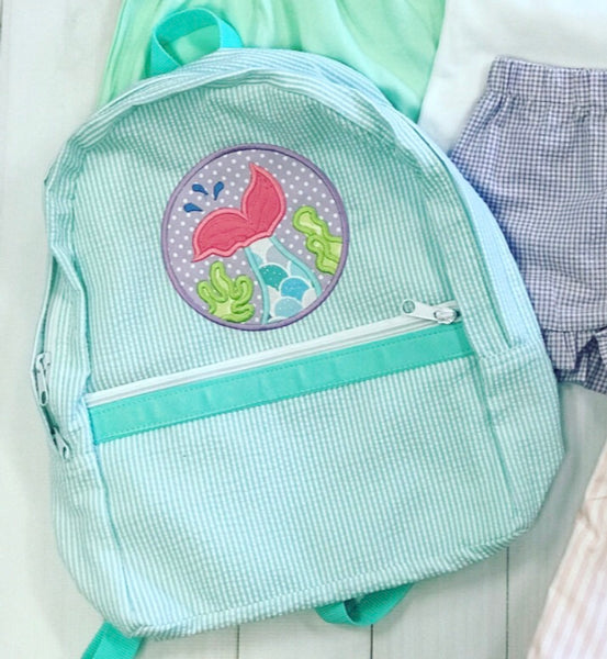 Mint Seersucker Medium Backpack - Mermaid Applique + Name